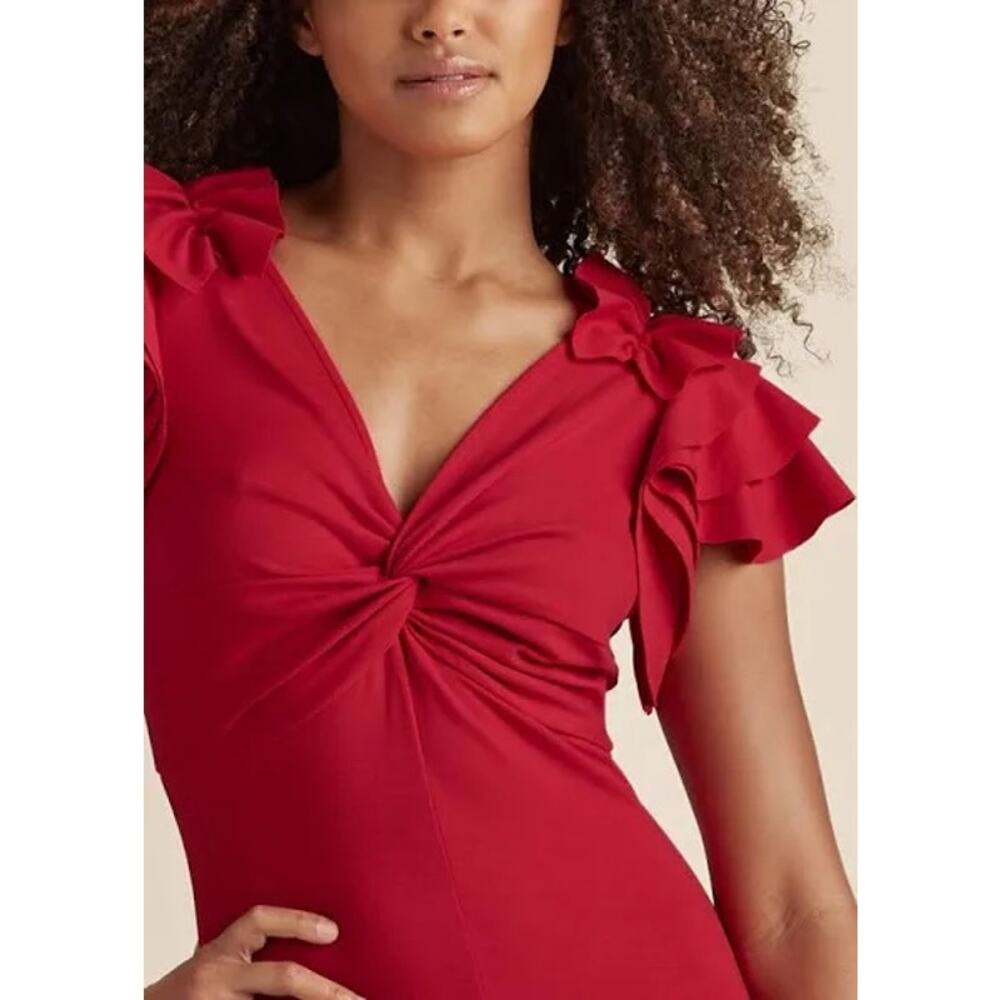 Venus Red Jumpsuit Womens Size 4 Ruffle Sleeve Wide Leg V Neck Formal Party NWT - Picture 2 of 12
